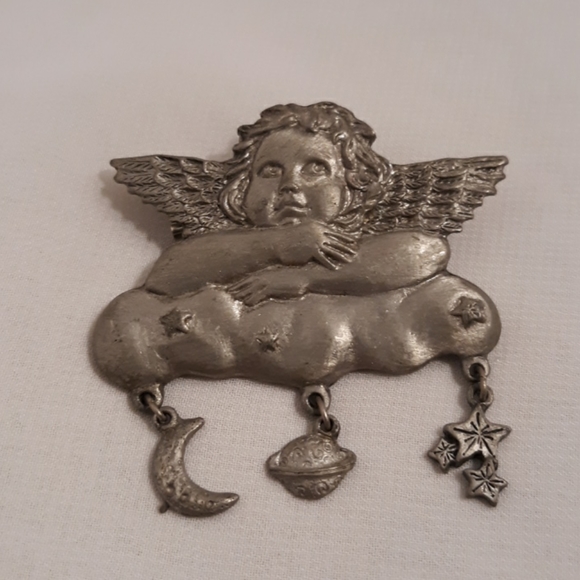 Vintage Pewter Cherub Pin Signed - Picture 1 of 2